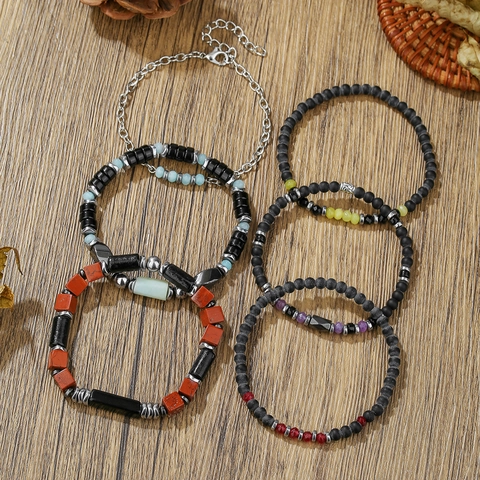 Heren Handgemaakte Matte Zwarte Hematiet Kralen Armband Hip Hop Minimalistisch Retro Geometrische Steen Armband Voor Heren Sieraden