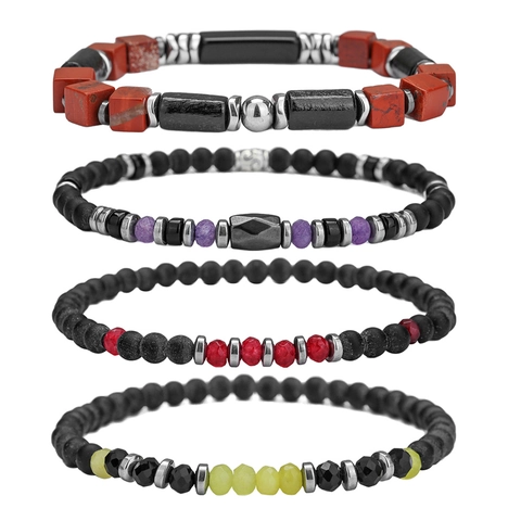 Heren Handgemaakte Matte Zwarte Hematiet Kralen Armband Hip Hop Minimalistisch Retro Geometrische Steen Armband Voor Heren Sieraden