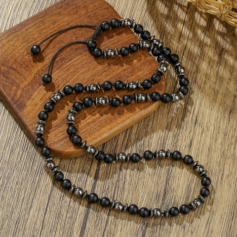 Collar de Cuentas de Hematita Mate para Hombre Minimalista Vintage Individual Ajustable con Cuentas de Metal Joyería de Moda