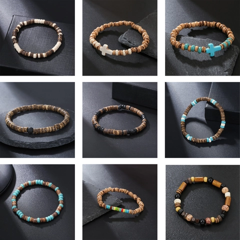 Heren Vintage Houten Kralen Armband Met Turkoois Steen Handgemaakt Etnisch Boheems Kruis Hanger Elastisch Sieraden Armband