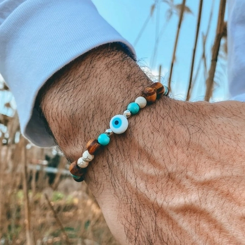 Natural Stone Beaded Bracelet With Evil Eye Feather Charm Bohemian Ethnic Handmade Elastic Hand Chain Jewelry For Men Women