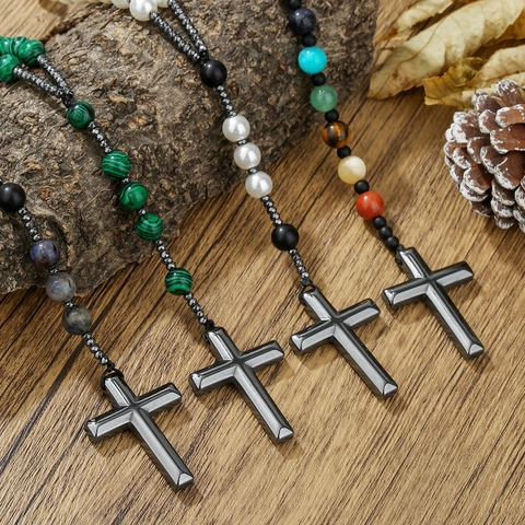 Vintage Natuursteen Kralen Kruis Halsketting Voor Heren Handgemaakte Tijgeroog Obsidiaan Hematiet Religieuze Boheemse Lange Gebedskralen Sieraden