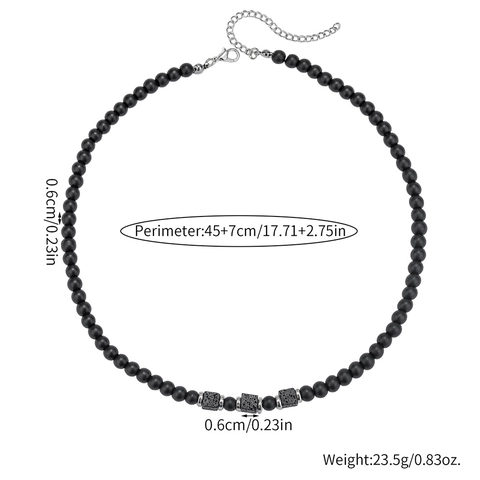 Vintage Men's Handmade Beaded Necklace With Matte Black Stone And Square Lava Stone Punk Hip Hop Adjustable Jewelry Gift