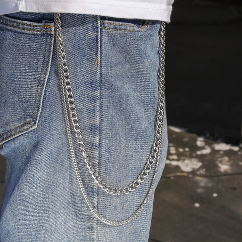 Catena da Vita in Metallo a Doppio Strato Punk Hip Hop Curb Link Catena per Pantaloni in Lega di Zinco Argento Streetwear