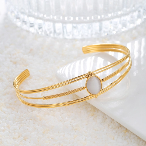 Minimalist Stainless Steel Cuff Bangle For Women Gold Silver Multi-Layer Woven Bracelet With Round White Gemstone Open Adjustable Jewelry