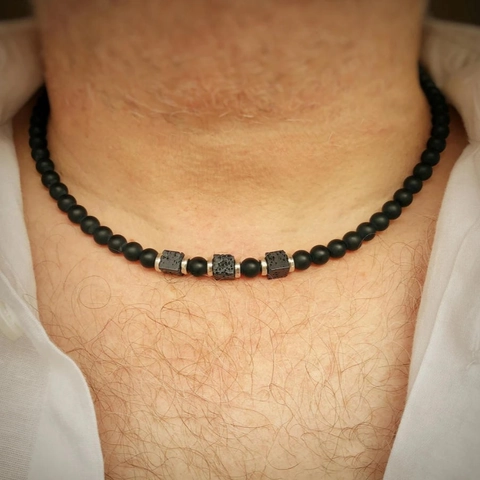 Vintage Men's Handmade Beaded Necklace With Matte Black Stone And Square Lava Stone Punk Hip Hop Adjustable Jewelry Gift