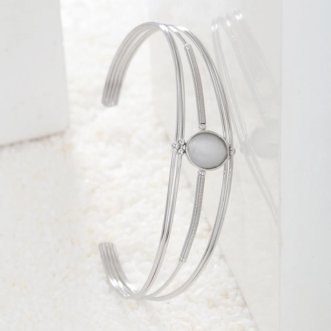 Minimalist Stainless Steel Cuff Bangle For Women Gold Silver Multi-Layer Woven Bracelet With Round White Gemstone Open Adjustable Jewelry