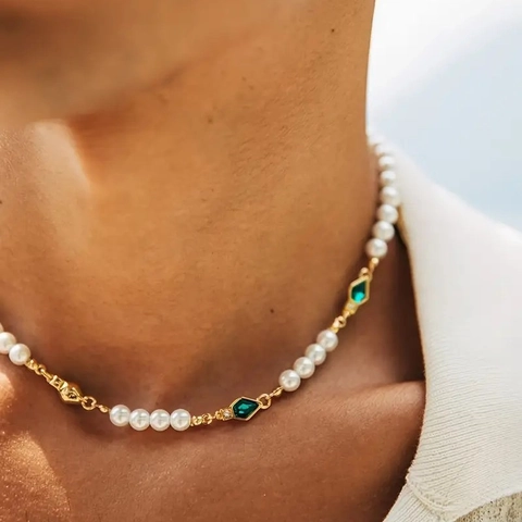 Vintage Künstliche Perlenimitat Edelstein Patchwork Halskette Für Damen Herren Retro Legierung Naturstein Künstliche Perlenkette Boho Schmuck Geschenk