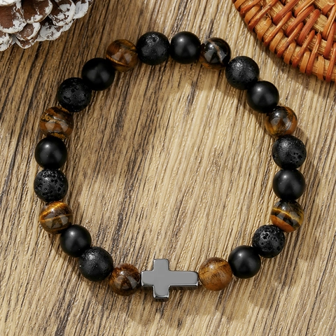 Natural Stone Beaded Bracelet For Men Women Tiger Eye Hematite Lava Rock Hand Beaded Bohemian Yoga Healing Energy Jewelry