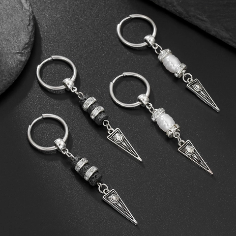 Punk Hip Hop Men Dangle Hoop Earrings Alloy Artificial Pearl Volcanic Stone Triangle Geometric Drop Retro Jewelry