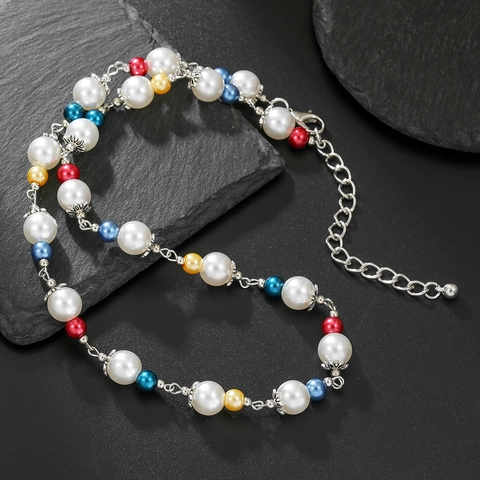 Collana in Lega con Perle Artificiali Colorate per Uomo Donna Stile Hip Hop Y2K Dopamina Catena a Clavicola Galvanizzata Gioielli