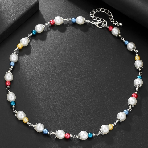 Collana in Lega con Perle Artificiali Colorate per Uomo Donna Stile Hip Hop Y2K Dopamina Catena a Clavicola Galvanizzata Gioielli