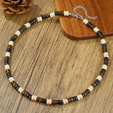 Collana da Uomo in Perline di Legno e Guscio di Cocco Stile Etnico Bohemien Choker Fatto a Mano Regolabile Gioielli da Spiaggia