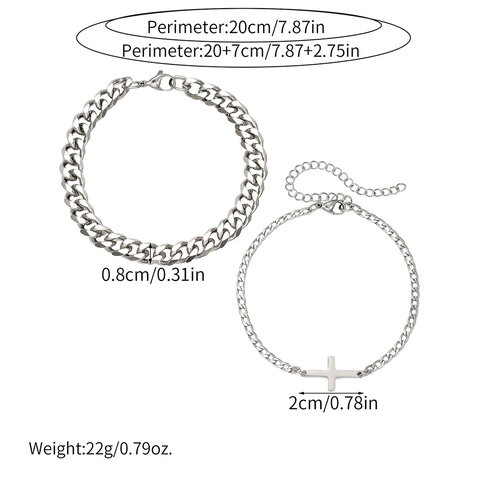 Stainless Steel Cuban Link Chain Cross Pendant Bracelet Hip Hop Street Style Polished Silver Tone Jewelry Accessory