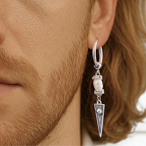 Punk Hip Hop Men Dangle Hoop Earrings Alloy Artificial Pearl Volcanic Stone Triangle Geometric Drop Retro Jewelry