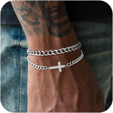 Stainless Steel Cuban Link Chain Cross Pendant Bracelet Hip Hop Street Style Polished Silver Tone Jewelry Accessory