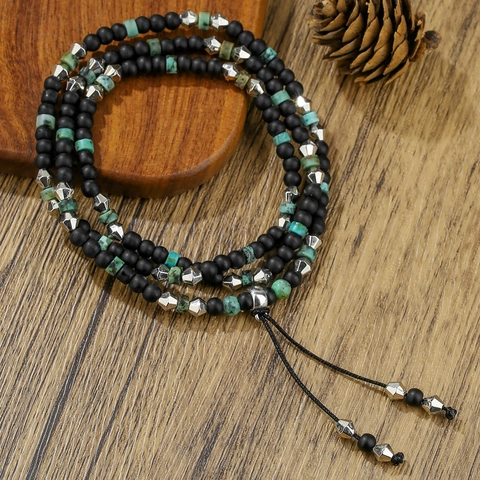 Vintage Men Multi Layer Wrap Beaded Bracelet African Pine Stone Black Matte Stone Hip Hop Ethnic Adjustable Jewelry Gift