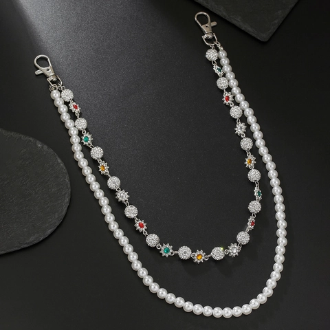 Hip Hop Double Layer Waist Chain Artificial Pearl Rhinestone Flower Pendant Belt Chain For Men Women Punk Jeans Accessories