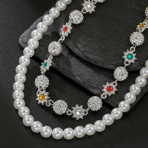 Hip Hop Double Layer Waist Chain Artificial Pearl Rhinestone Flower Pendant Belt Chain For Men Women Punk Jeans Accessories