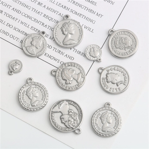 Vintage Stainless Steel Queen Elizabeth II Coin Pendants Antique Relief Portrait Charms For DIY Necklace Bracelet Making