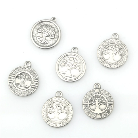 Colgantes Circulares de Árbol de la Vida de Acero Inoxidable para DIY Joyería Colgantes de Metal Plateado Estilo Punk