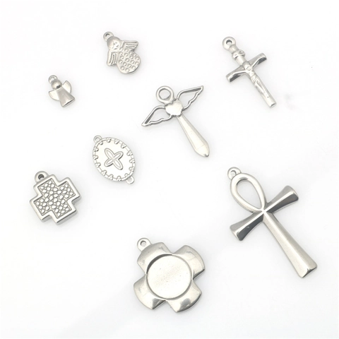 Stainless Steel Cross Angel Pendants Religious Retro Ankh Jesus Crucifix Heart Wing Sword DIY Jewelry Making Findings