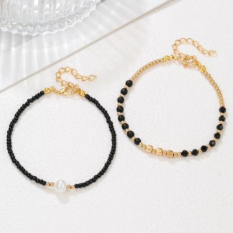 Tobillera Bohemia Doble Capa Mostacillas Para Mujer Cuentas Aleación Dorado Negro Blanco Perla Artificial Pulsera Tobillo Joyería