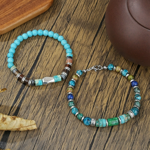 Handmade Vintage Turquoise Hematite Beaded Bracelet For Men Women Bohemian Ethnic Natural Stone Adjustable Cuff Jewelry