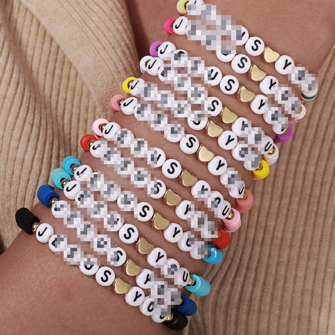 Bracelets Bohémiens en Perles de Pâte Polymère pour Femmes Bijoux Colorés avec Lettres et Cœurs Bracelets Élastiques de Mode