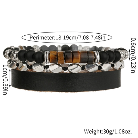 Bracciale Multistrato Uomo Hip Hop Vintage Lega Agata Nera Occhio di Tigre Perline Pelle Bracciale Avvolgente Regolabile Gioielli Moda