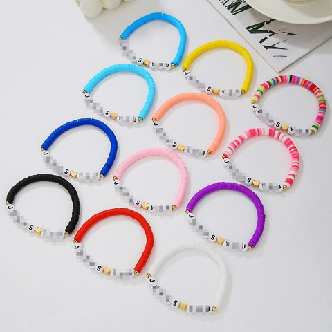 Bracelets Bohémiens en Perles de Pâte Polymère pour Femmes Bijoux Colorés avec Lettres et Cœurs Bracelets Élastiques de Mode