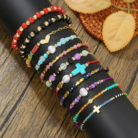Pulseras Bohemias de Mostacillas de Colores Hechas a Mano Con Dije de Cruz Corazón Perla Artificial Ajustable Joyería de Amistad Mujer