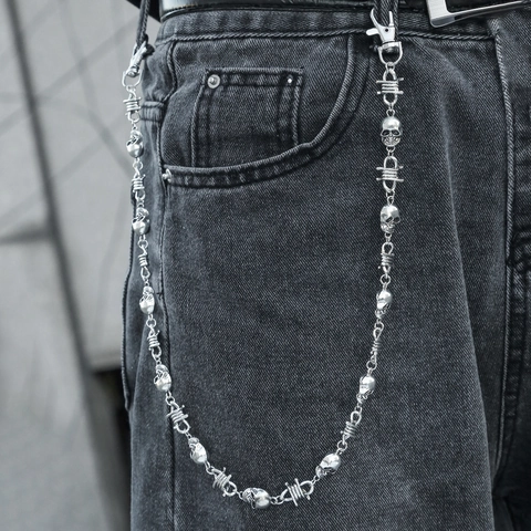 Catena per Jeans con Teschio e Filo Spinato Punk per Uomo in Lega di Zinco Hip Hop Gothic Catena da Vita a Strati