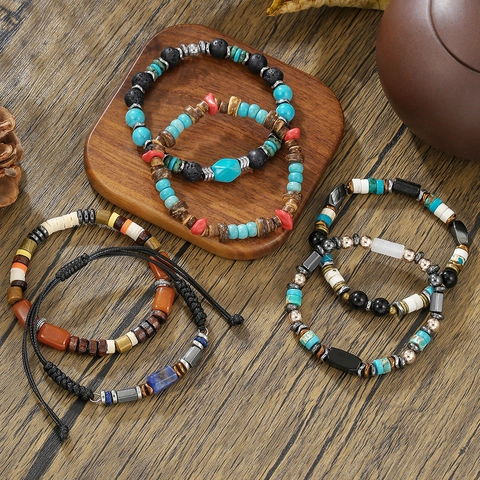 Vintage Natuurlijke Lavasteen Turkoois Houten Kralen Armband Voor Heren Dames Etnisch Boheems Handgemaakte Verstelbare Sieraden
