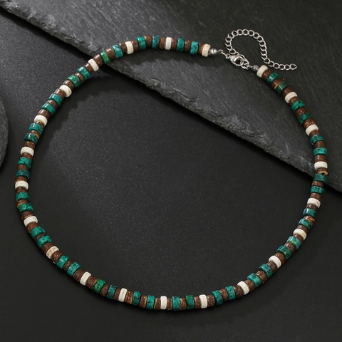 Collar de Cuentas para Hombre Bohemio Cáscara de Coco Turquesa Africana Cadena de Acero Inoxidable Joyería Étnica