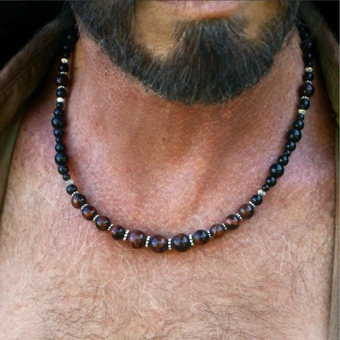 Collar de Cuentas de Obsidiana Ojo de Tigre Rojo Vintage para Hombre Punk Hip Hop Piedra Natural Joyería Ajustable