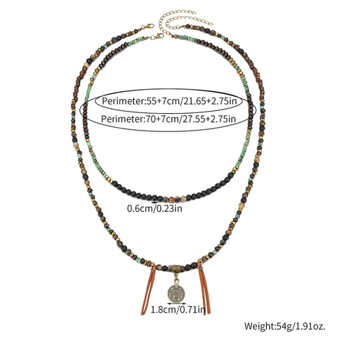 Collier Bohème en Perles pour Hommes Avec Bois Pierre Cuir Gland Pendentif Pièce Ancienne Double Couche Bijoux Ethniques