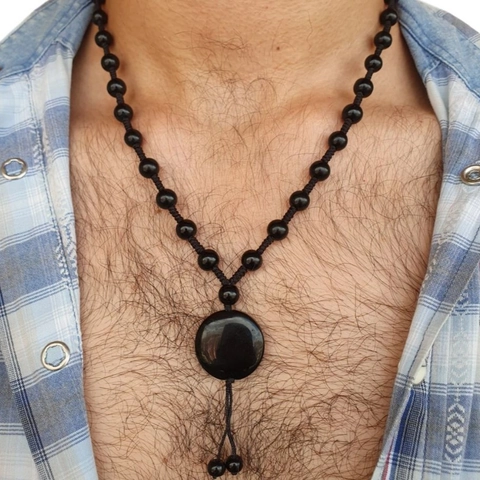 Gothic Retro Black Beaded Necklace For Men Women Circular Pendant Tassel Ethnic Style Handmade Jewelry Accessories Gift
