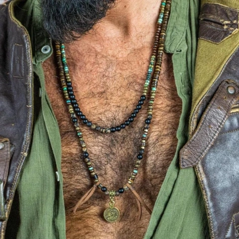 Collier Bohème en Perles pour Hommes Avec Bois Pierre Cuir Gland Pendentif Pièce Ancienne Double Couche Bijoux Ethniques