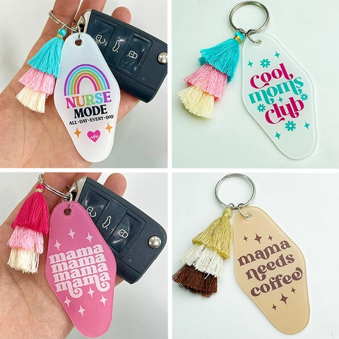 Retro Motel Style Acrylic Keychain With Layered Gradient Cotton Tassel Mama Needs Coffee Nurse Mode Keychain For Women