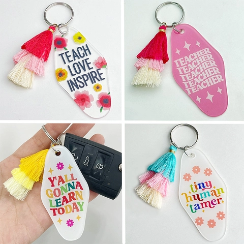 Portachiavi in Acrilico Stile Motel Retro Con Nappa in Cotone Regalo per Insegnante Teach Love Inspire Ciondolo Borsa