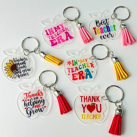 Porte-clés en Acrylique en Forme de Pomme Avec Gland Coloré Pour Cadeau de Remerciement Enseignant Era Motif Tournesol Bijoux
