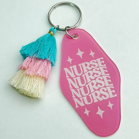 Retro Motel Style Acrylic Keychain With Layered Gradient Cotton Tassel Mama Needs Coffee Nurse Mode Keychain For Women