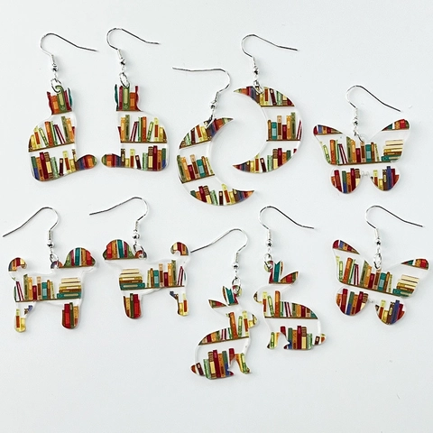 Vintage Acrylic Library Bookshelf Drop Earrings Transparent Animal Cat Moon Butterfly Earrings For School Library Women Jewelry