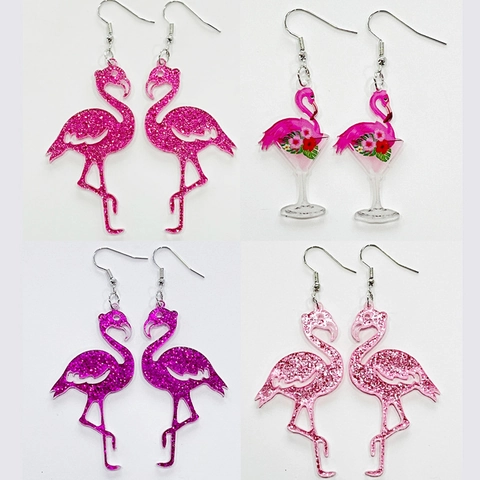 Creative Flamingo Acrylic Drop Earrings For Women Summer Tropical Party Cocktail Glass Glitter Heart Jewelry
