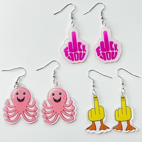 Funny Acrylic Dangle Earrings For Women Quirky Pink Octopus Yellow Duck Middle Finger Fuck You Gesture Creative Jewelry