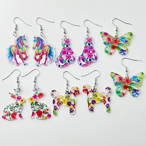 Fashion Acrylic Drop Earrings Colorful Animal Floral Pattern Butterfly Rabbit Cat Dog Horse Earrings For Women Jewelry