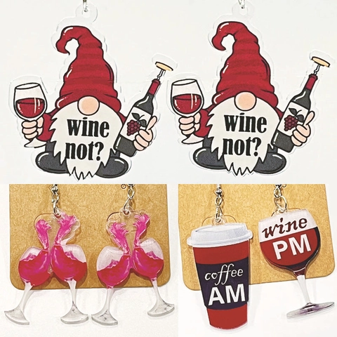 Creative Acrylic Wine Gnome Drop Earrings For Women Funny Coffee Red Wine Lifestyle Asymmetric Hook Earrings Party Jewelry