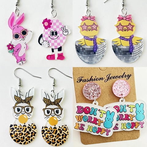 Pasen Konijntje Kuiken Acryl Hangoorbellen Schattige Luipaardprint Bloem Geometrische Paasei Oorbellen Retro Plezier Feest Sieraden Voor Dames