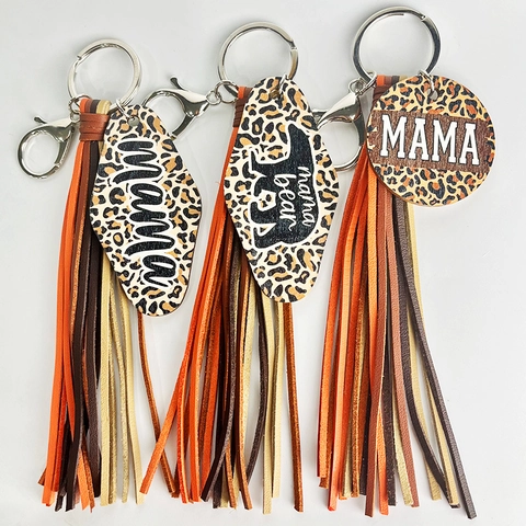 Leoparden Quasten Schlüsselanhänger Set Leder Holz Tag Mama Bär Schlüsselanhänger Für Muttertag Geschenk Damen Schmuck